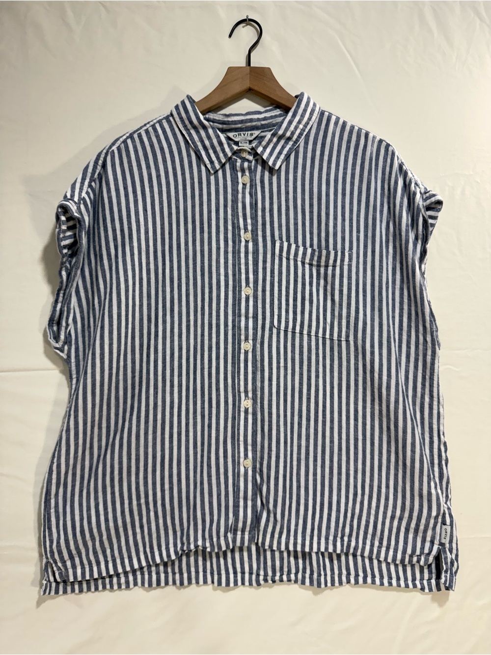 Orvis Navy and White Vertical Stripe Linen Button-Down Shirt